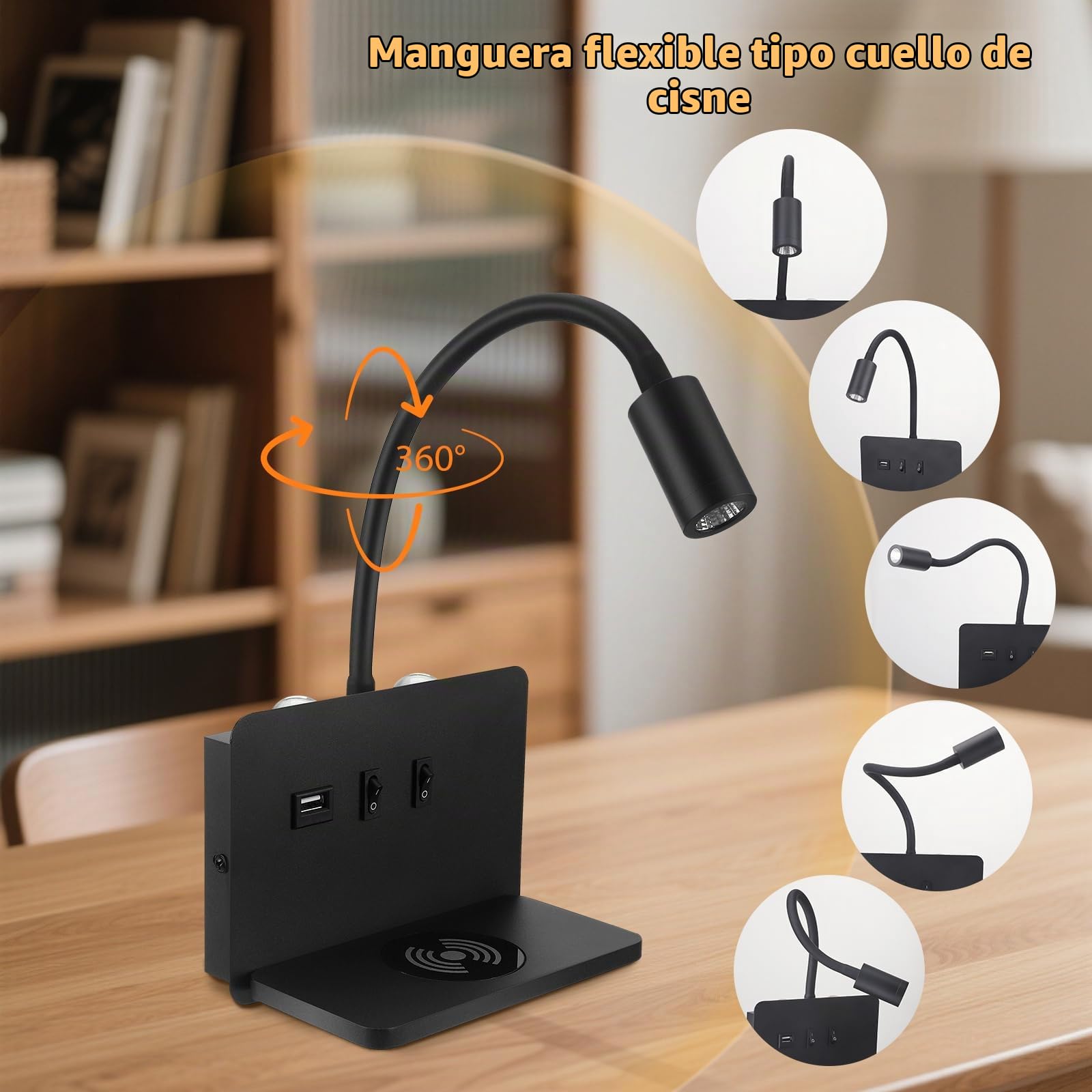 luz de lectura pared con Puerto de Carga USB y Carga inalámbrica, Lámpara de pared LED 3W + 9W 3000K, Regulable Iluminación Ambiental de Dormitorio (Negro)