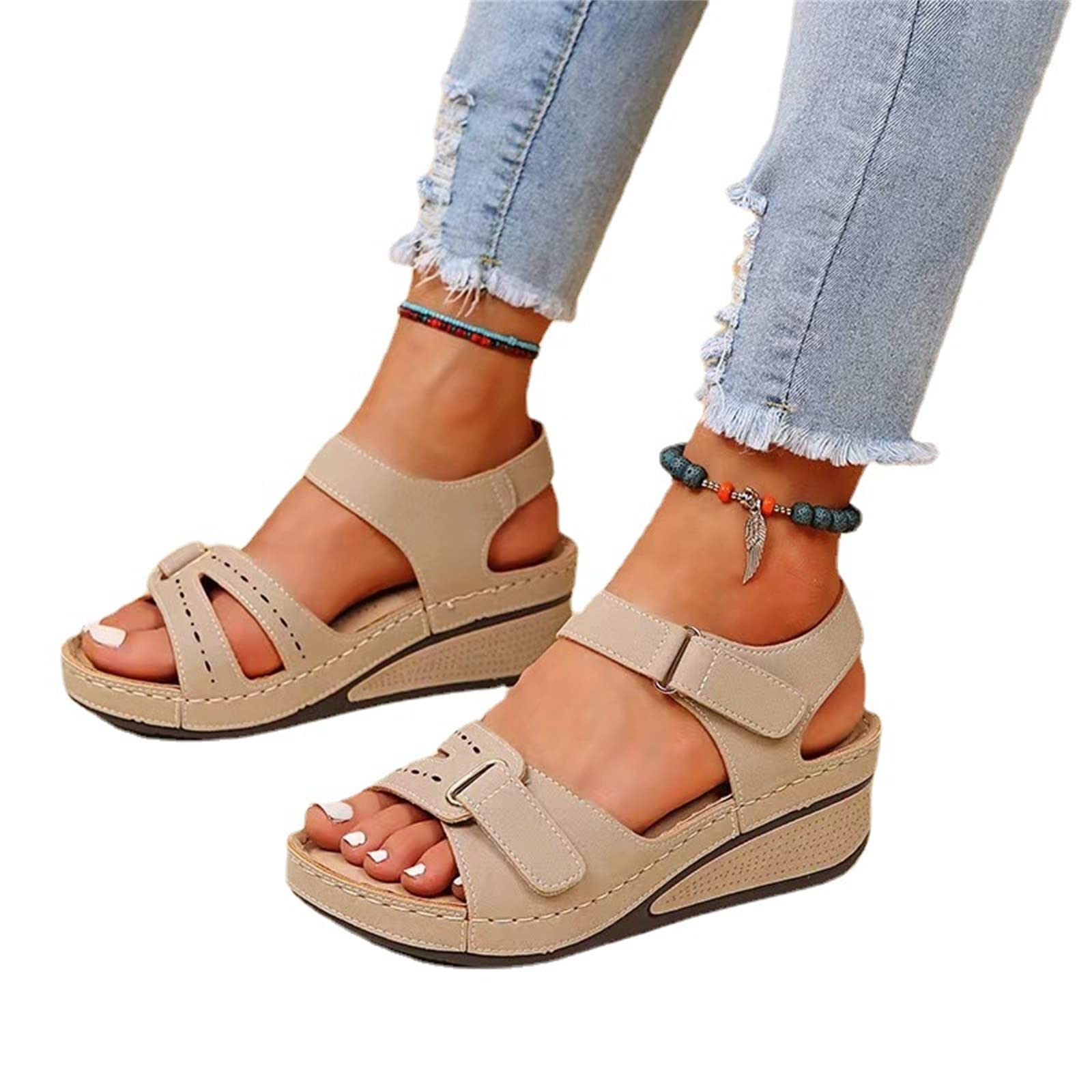 SWTKO Womens Wedge Sports Sandals with Arch Support Summer Comfortable Platform Flat Shoes Outdoor Hook And Loop Ankle Strap Casual Sandals Anti Slip Walking Shoes,Beige,US8/EU39