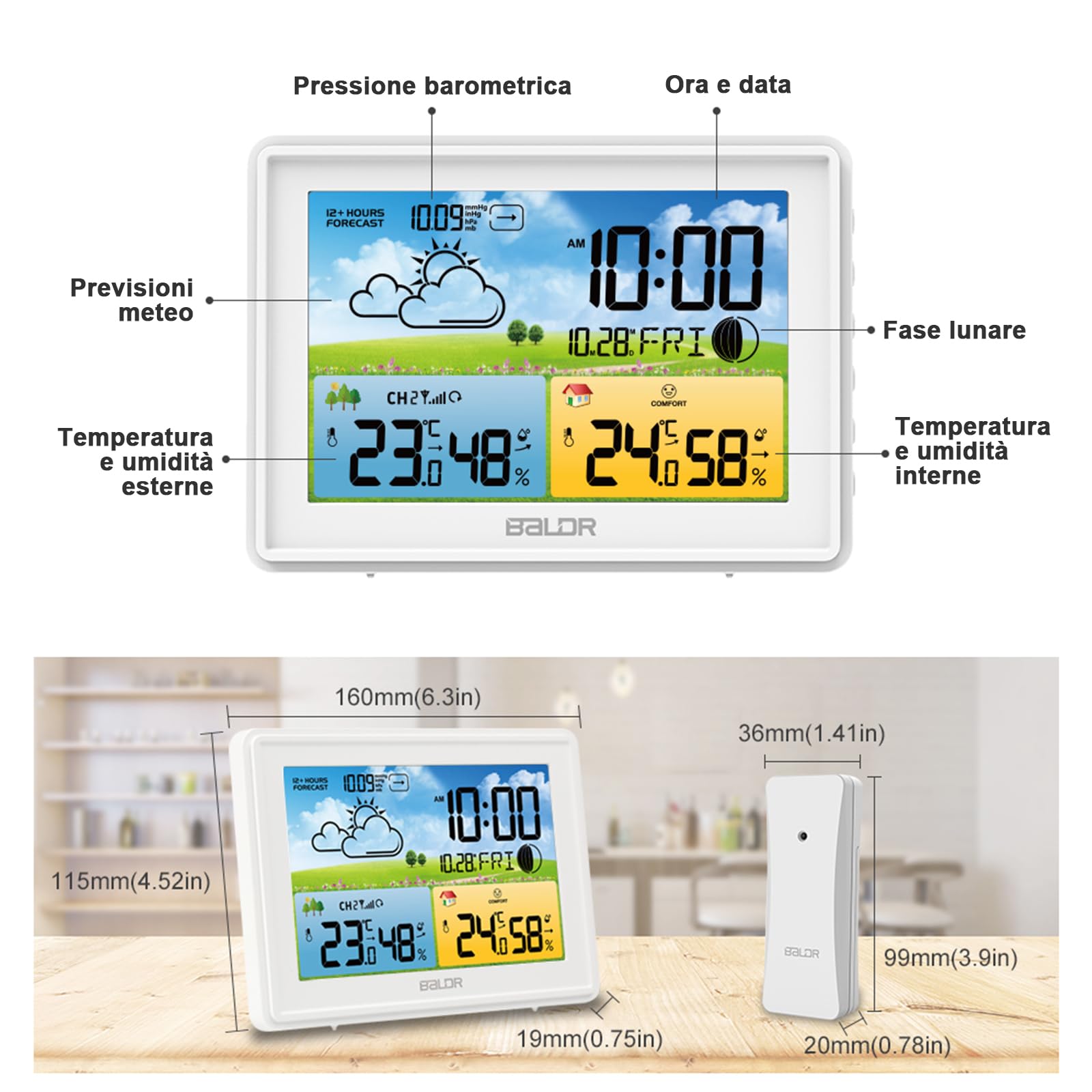 LEVIPE Stazione Meteo con Sensore Esterno,Display a Colori, Termoigrometro Interno/Esterno, Barometro Previsioni Meteo, Oradio Radio Controllata, Allarmi – Perfetta per Casa, Ufficio, Giardino