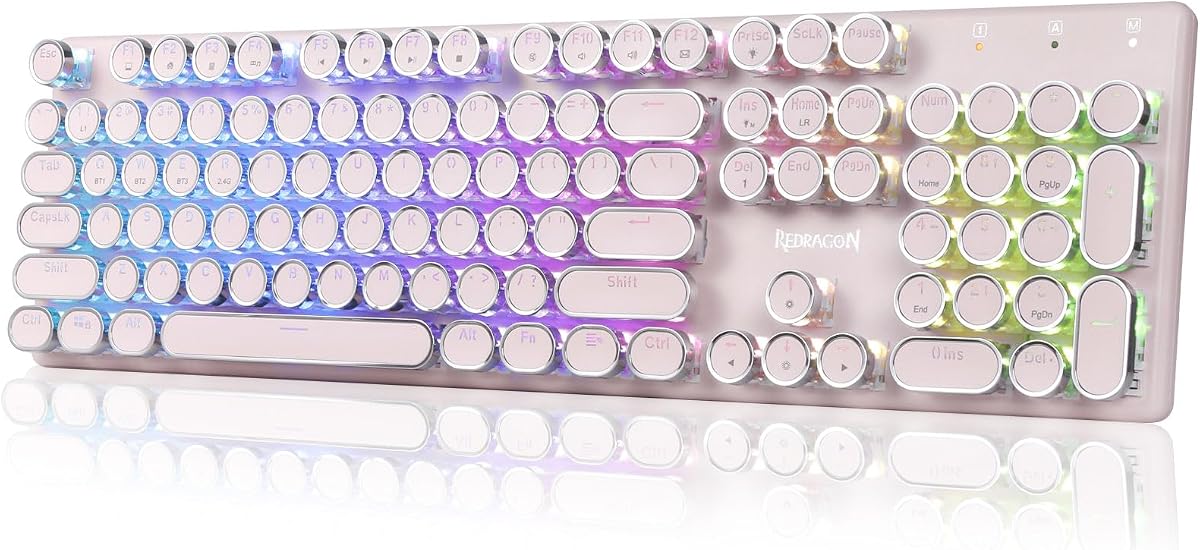 Redragon K710 Wireless Typewriter Mechanical Gaming Keyboard, Pink | Bluetooth/2.4Ghz/Wired, RGB Led Backlit, Blue Switch - Clicky, Rechargeable 4000mAh, Solid Metal Panel, Round Keycaps