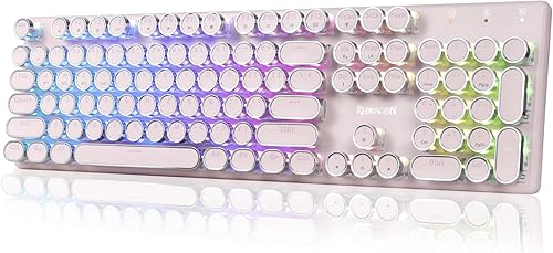 Redragon K710 Wireless Typewriter Mechanical Gaming Keyboard, Bluetooth/2.4Ghz/Wired, RGB Led Backlit, Blue Switch - Clicky, Rechargeable, Solid Metal Panel, Round Keycaps, Pink