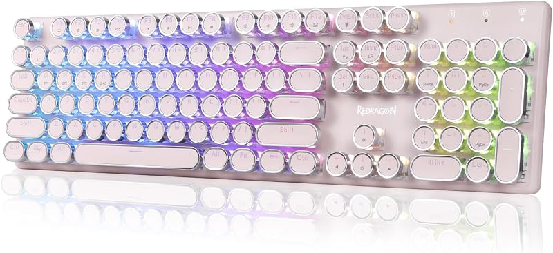 Redragon K710 Wireless Typewriter Mechanical Gaming Keyboard, Pink | Bluetooth/2.4Ghz/Wired, RGB Led Backlit, Blue Switch - Clicky, Rechargeable 4000mAh, Solid Metal Panel, Round Keycaps