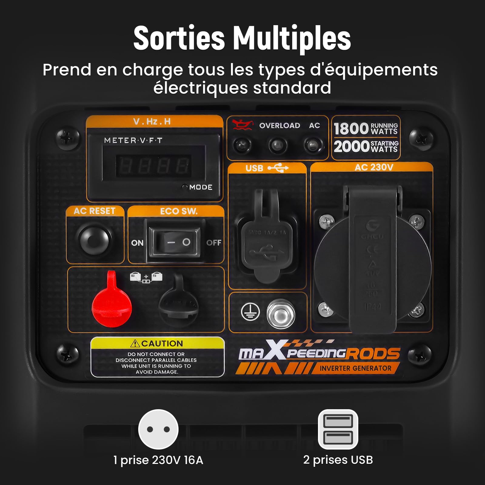 maXpeedingrods 2000W Generateur Electrique Groupe Electrogene Inverter Silencieux Essence 4 Temps avec Prises USB et 230 V, Affichage Numérique, Compact et Léger pour les Caravanes Camping VR