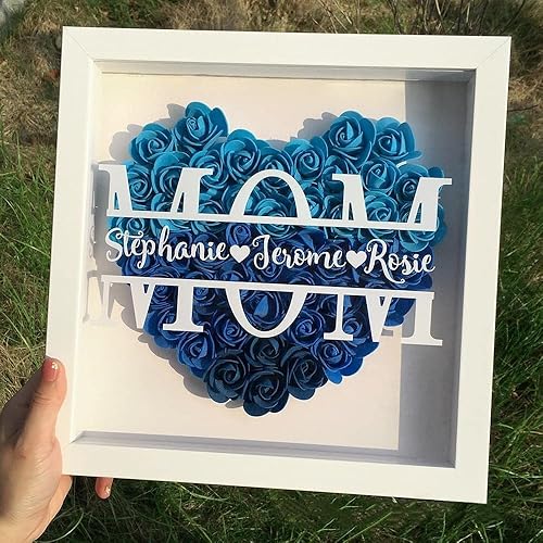 Miniatura 2 de SweetJECCU Caja de sombra de flores personalizada para mamá con nombre, marco de nombre personalizado en forma de corazón, marco de fotos de flores
