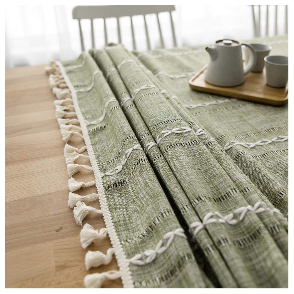 WLL Nappe de Table en Lin de Coton, 110x160cm, Vert Nappe rectangulaire de Style Simple avec Pompon décoratif, Lavable, Housse de Table Basse Anti-poussière pour Salle à Manger Maison Cuisine Jardin
