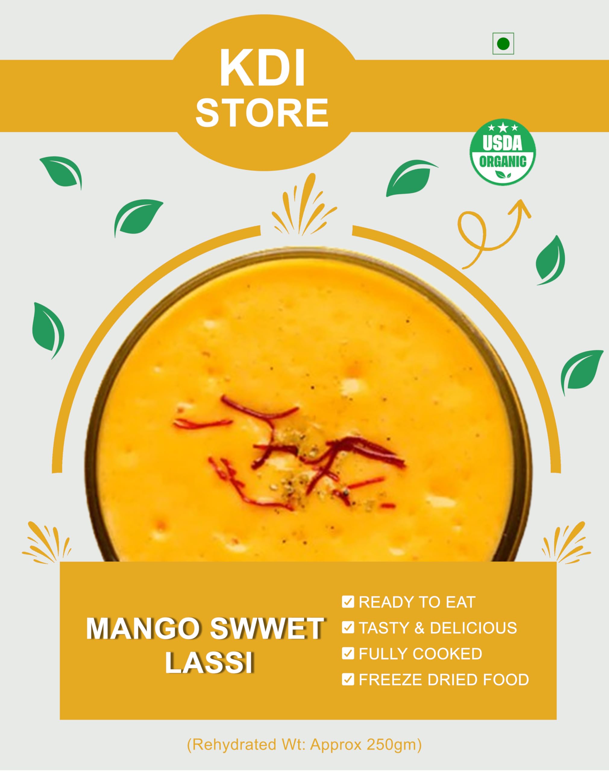KDI Store Mango Sweet Lassi, Ready to Eat Freeze-Dried Yogurt Drink Mix, 65g, USDA Organic Certified