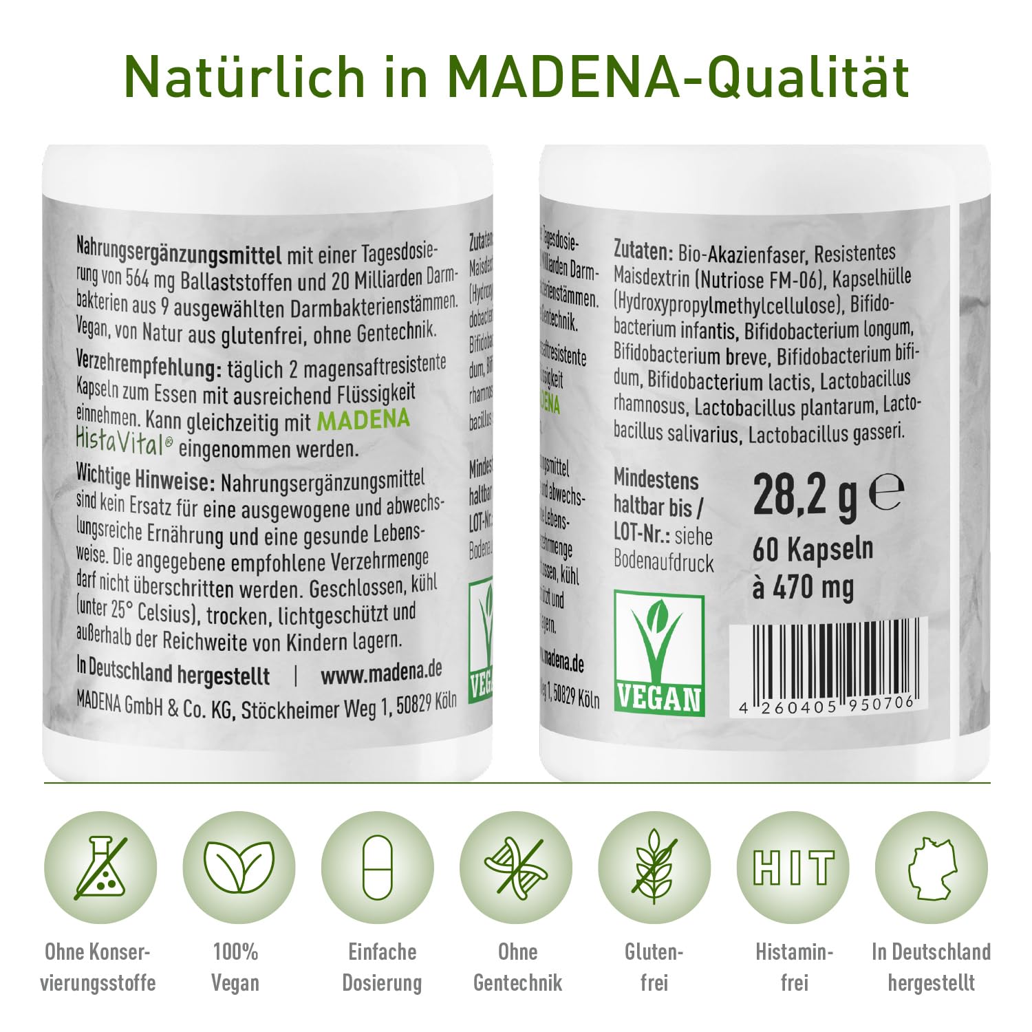 MADENA HistaEx Synbio – Milchsäurebakterien und Bifidobaktieren bei Histaminintoleranz und Fruktoseintoleranz – 60 Kapseln + 2 lösliche Ballaststoffe, Tagesdosierung von 20 Mrd. Keimen
