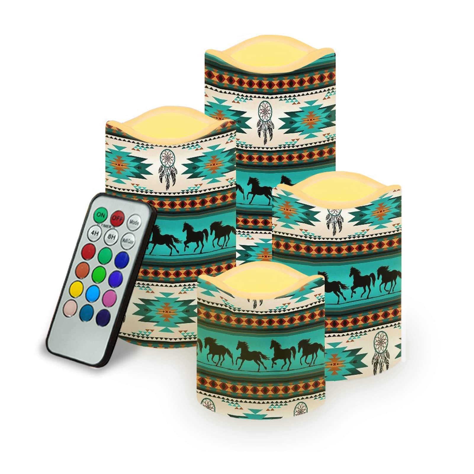 Dolyues Aztec Horse Flameless LED Candles, Ethnic Boho 4pcs Battery Operated Flickering Tealight Candle with 12 Color Remote Control