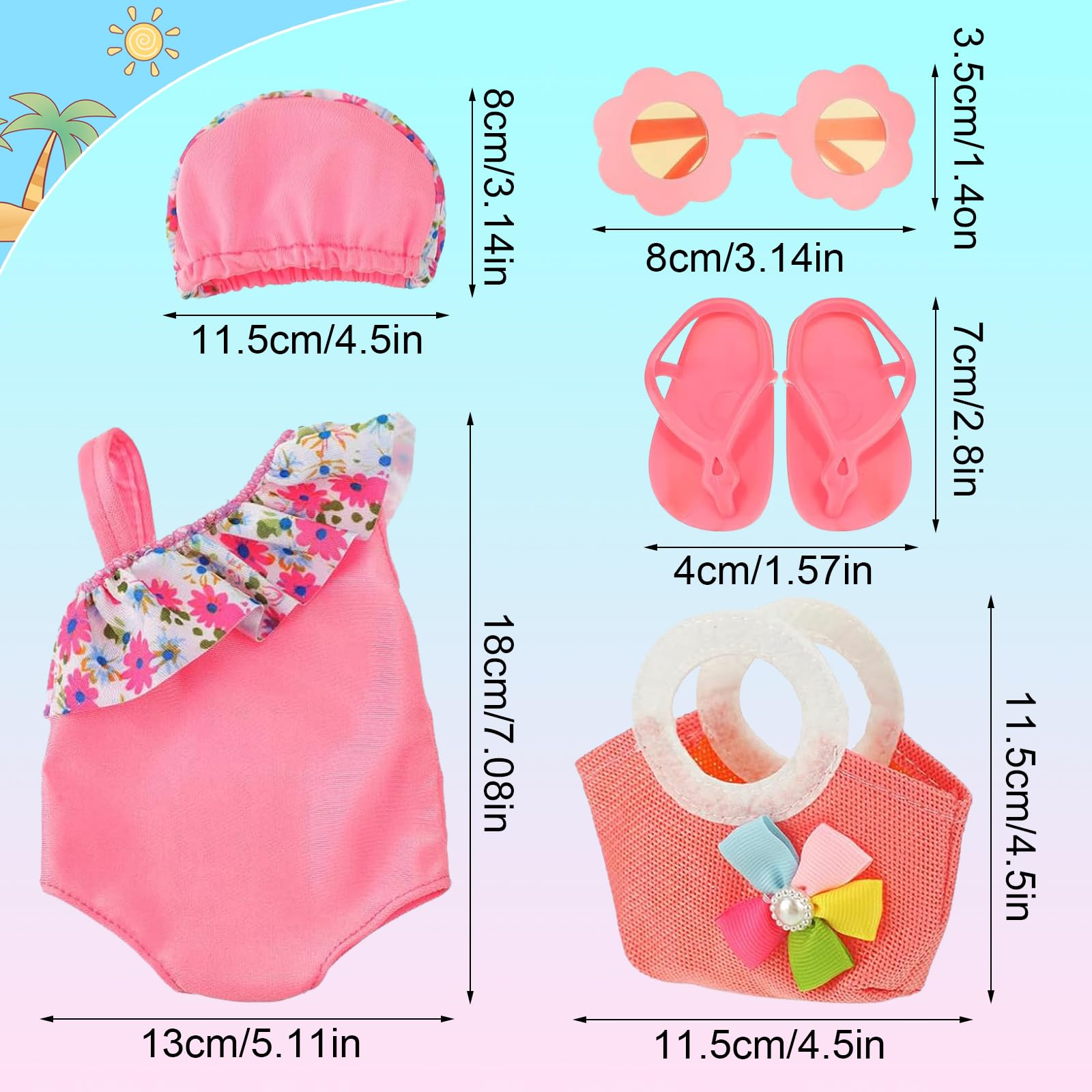 Set di Nuoto per Bambole 8 Pezzi, Estate Costume da Bagno per Bambole,Vestiti Bambole Reborn,Vestiti per Bambole per New Baby Born Bambola,Accessori per Bambole Reborn 35-43CM, Regalo per Ragazze