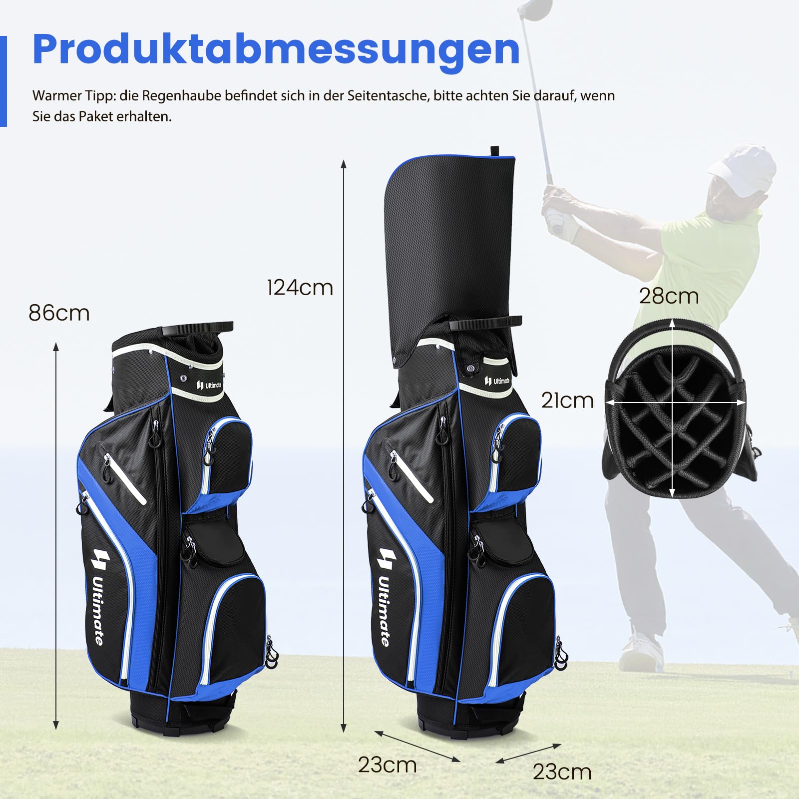 COSTWAY Golfbag leicht, tragbares Golf Cart Bag mit 14 er Unterteilung, Golftasche wasserabweisend mit Regenhaube, 9 Taschen, Kühltasche & Schirmhalter, Caddybag für Herren & Damen