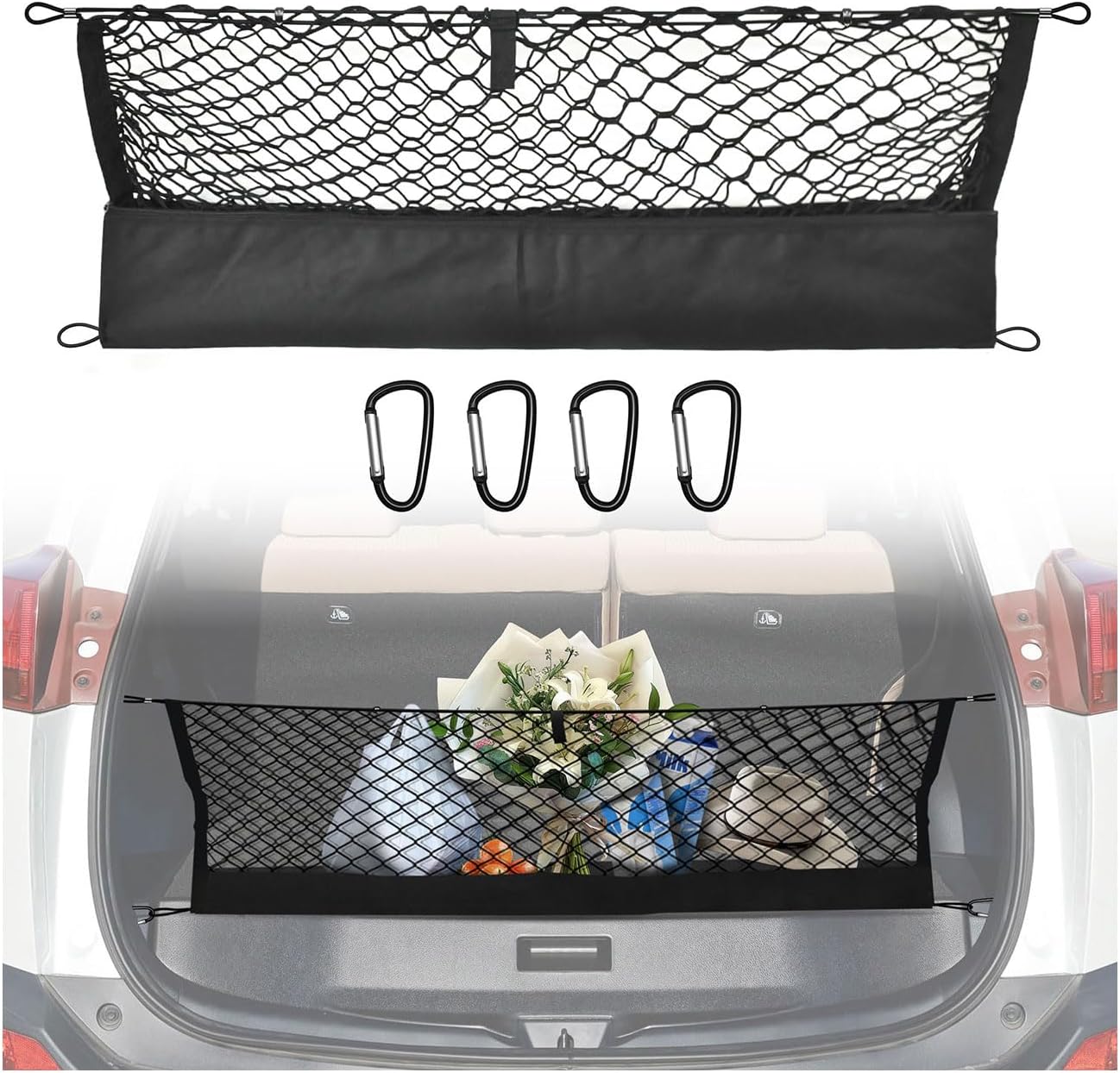 Envelope Style Trunk Cargo Net Compatible with Toyota RAV4 2015 2016 2017 2018,Highly Elastic Trunk Cargo Net for SUV RAV4 Accessories, Upgraded Storage Bag & Heavy Duty Carabiners For RAV4 2013-2018
