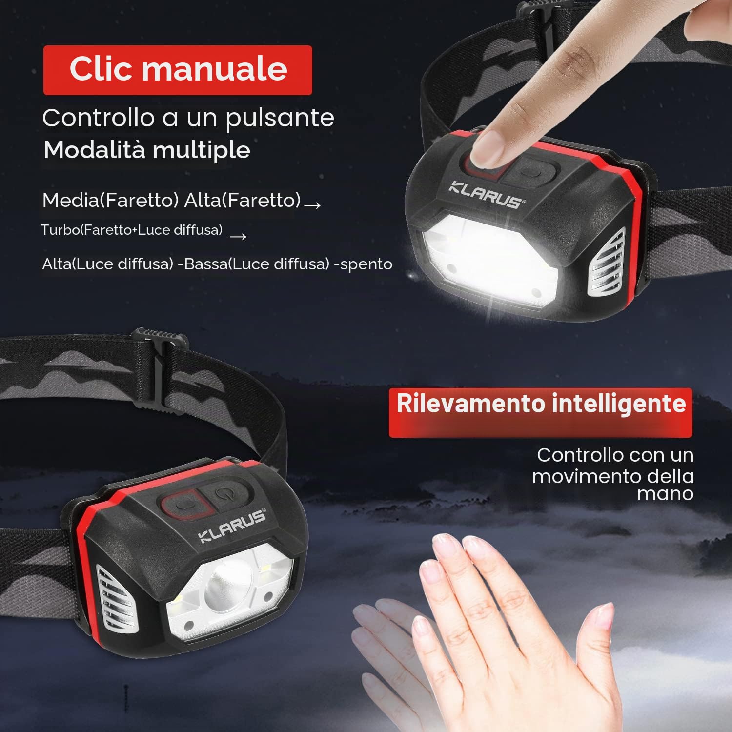 klarus HM1 Torcia Frontale ricaricabile, ;Lampada Frontale con Sensore di Movimento, 440 lumen, Durata Massima 70 ore, Faro Impermeabile IPX6 Adatto per Campeggio, Corsa, Jogging,Pesca 2pcs