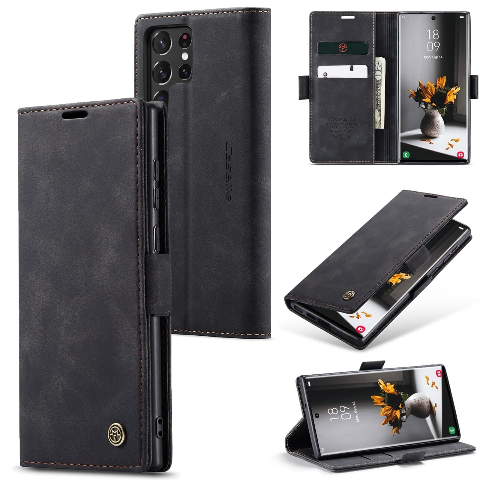 Etui do Samsung Galaxy S22 Ultra, portfel ze skóry PU, z uchwytem na karty, Kompatybilny Kabura magnetyczna, odporne na wstrząsy etui na telefon z klapką do Samsung Galaxy S22 Ultra, Czarne