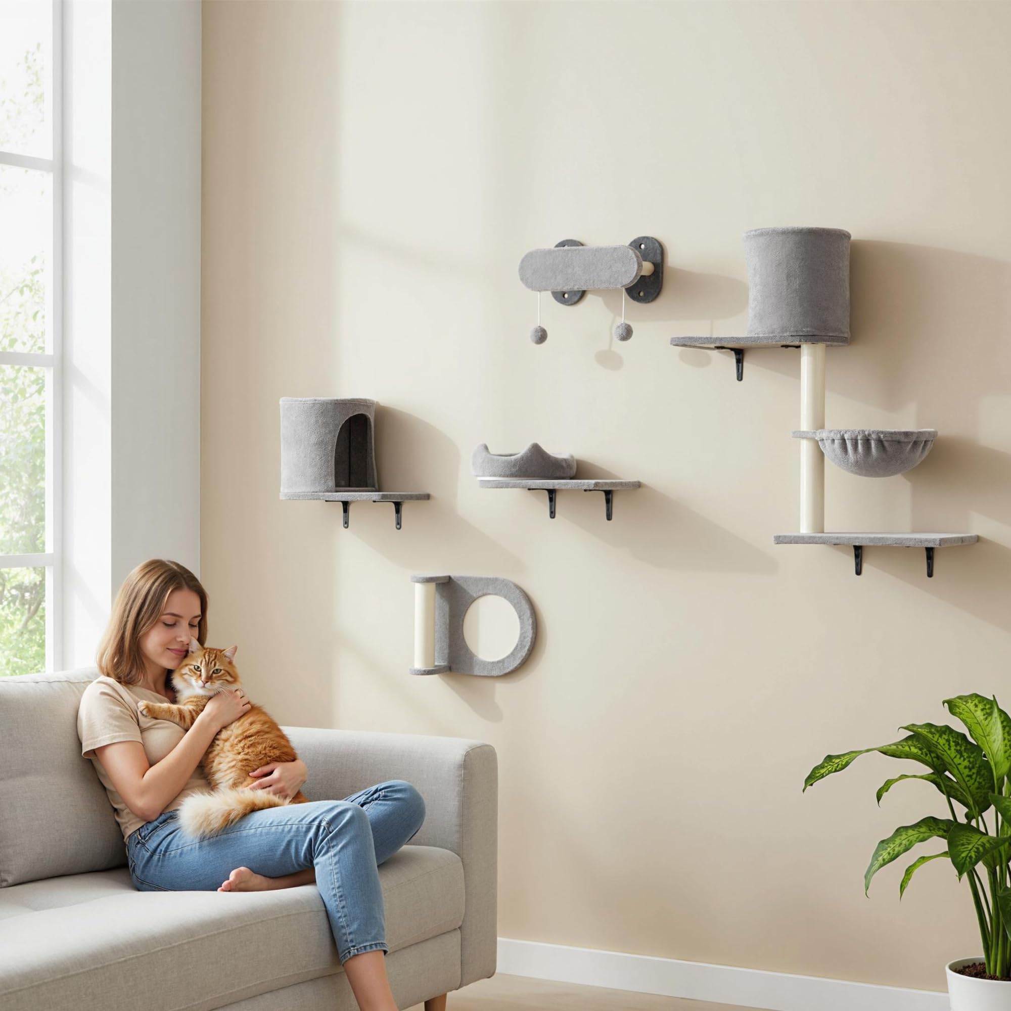 PawHut Scaffali a muro per gatti, 5 pezzi, set di mobili, albero a muro per gatti, con 2 nicchie, amaca, piattaforme, tiragraffi in sisal per gattini da interno fino a 5 kg, grigio