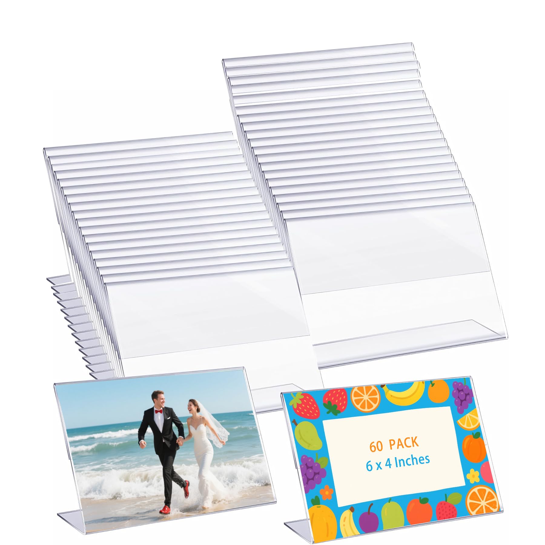 Photo 1 of MEYAGO 60 Pcs 4x6 Clear Acrylic Picture Frames Bulk – Horizontal L-Shaped Plastic Photo Sign Holders, Slanted Back Display Stand for Tabletop, Desktop, Flyer, Office, Home & Store Use
