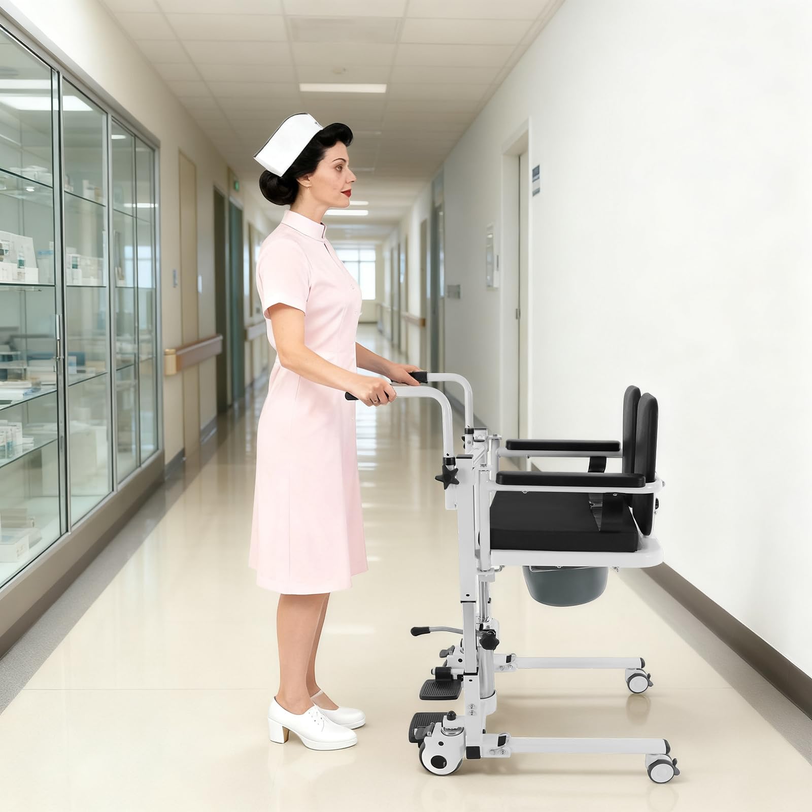 Hydrauliczny podnośnik pacjenta z oparciem 180°, krzesło transferowe 150 kg