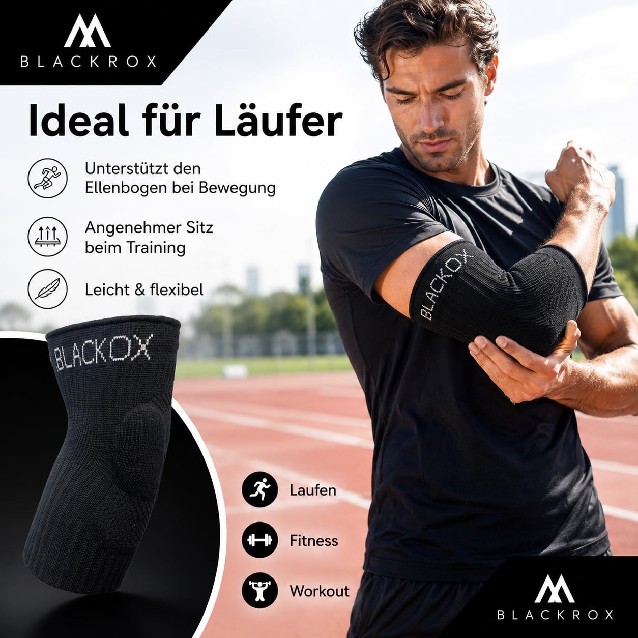 BLACKROX Ellenbogenbandage Lumioro – Tennisarm Bandage für Stabilität & Entlastung beim Sport – atmungsaktive Ellbogen Bandage für Damen & Herren, geeignet beim Training und Alltag – Schwarz Gr. M