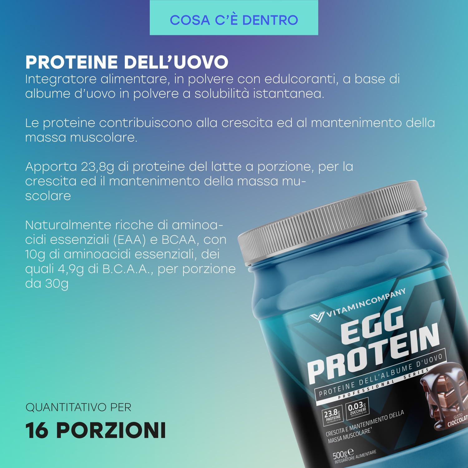 EGG Protein - Proteine dell'Albume d'Uovo per la Crescita e Mantenimento della Massa Muscolare, per Palestra e Sportivi, Gusto Cioccolato, 500 grammi