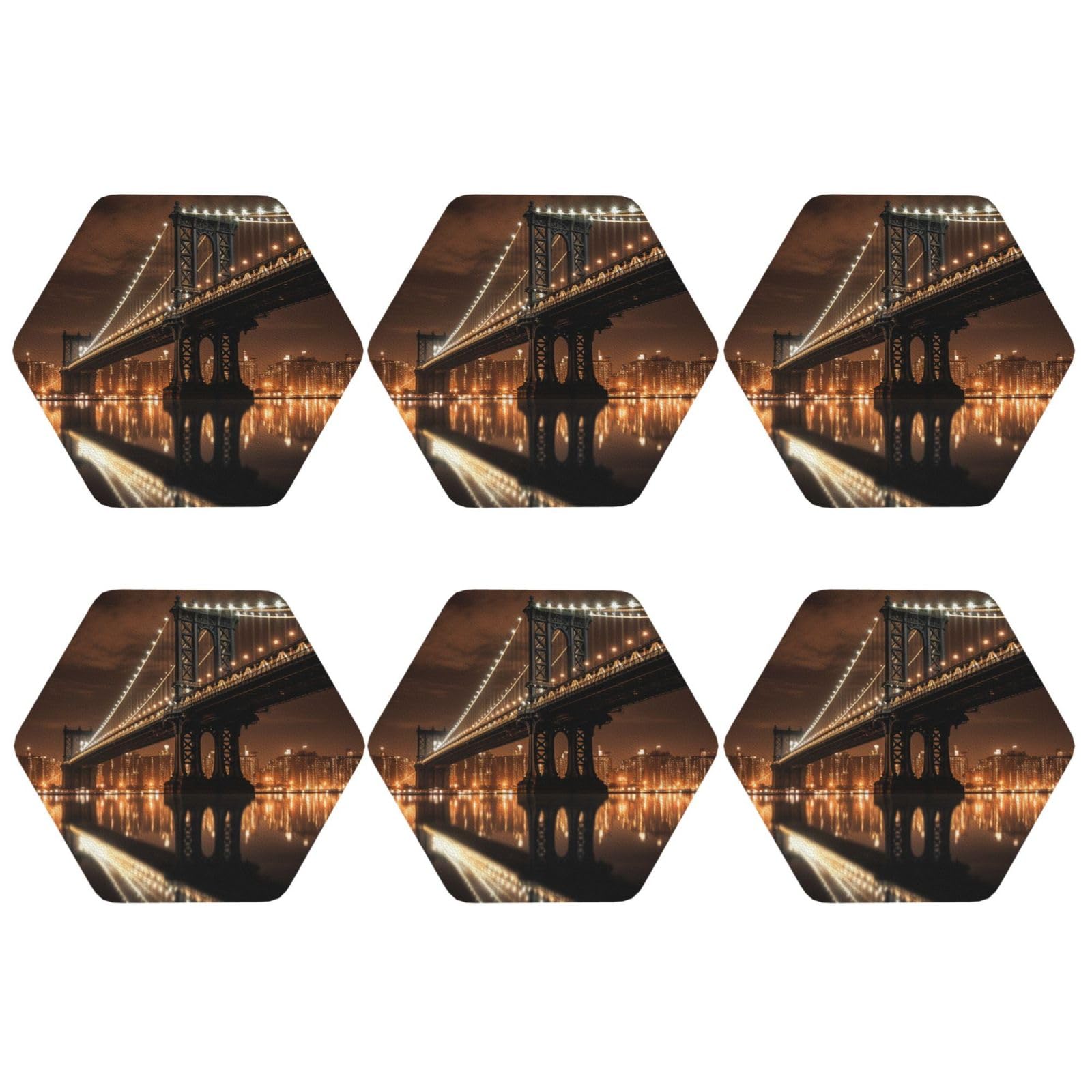6pcs Leather Coasters for Drinks, New York Manhattan Bridge Night Drink Coasters for Tabletop Protection, 4" Cup Coasters for Coffee Table Decor, Non-Slip Drinking Cup Mat for Hot Or Cold Drink