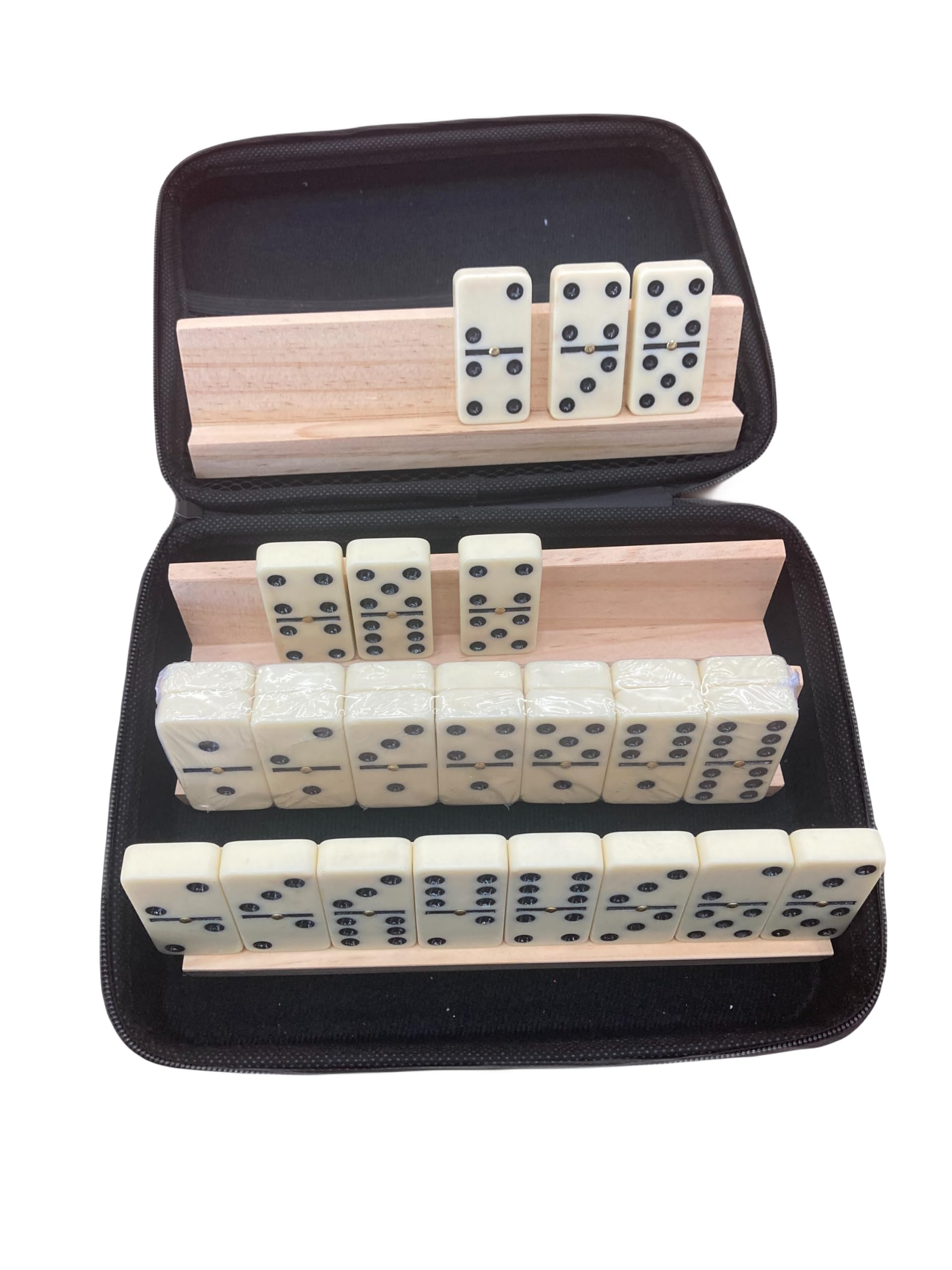 PRK 14 Juego de 6 dominó dobles para adultos, 28 azulejos duraderos con 4 estantes de sujeción de azulejos y funda de transporte con cremallera, juego de dominó clásico para todos, viajes, fiestas y