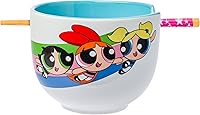Vista 1 de Silver Buffalo The Powerpuff Girls Girl Power Featuring Blossom, Bubbles, and Buttercup Ceramic Ramen Noodle Rice Bowl with Chopsticks, Microwave