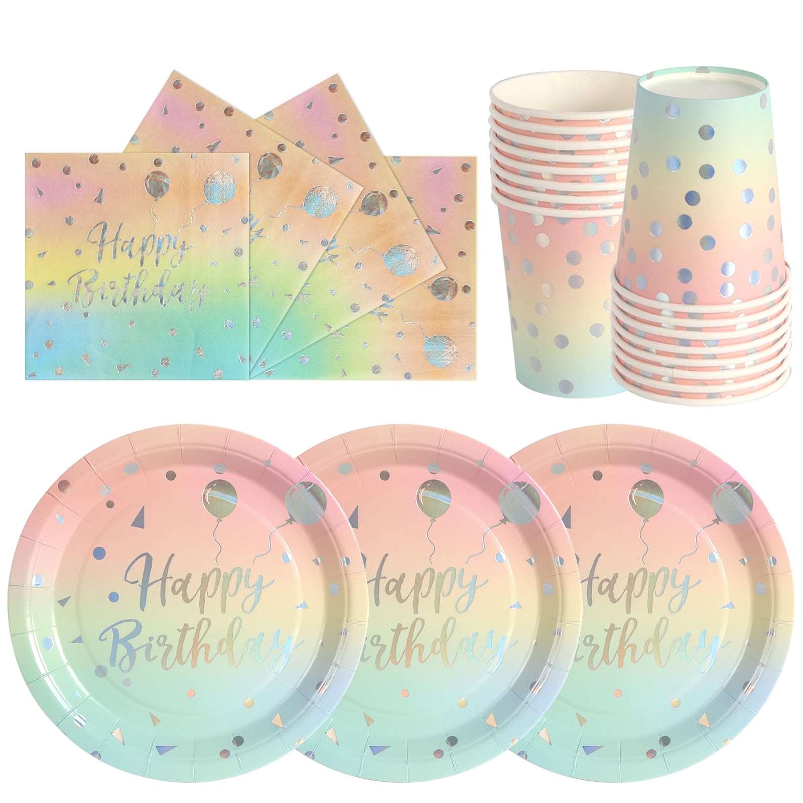 hailstones Rainbow Silver Dots Party Tableware Set for 24 Guests, Happy Birthday Party Plates Set, Disposable Plates Cups Napkins Paper Plates, Kids Men Birthday Decor