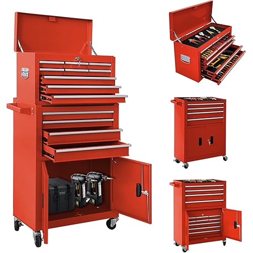 13-Drawer Double Door Rolling Tool Chest, 2 in 1 Detachable Tool Chest,Tool Box with Drawers and Wheels, Large Tool Cabinet with Lock, Metal Standing Toolbox for Garage Workshop-Red