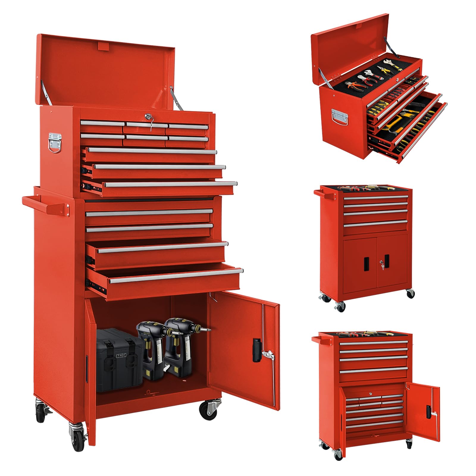 Sormols 13-Drawer Double Door Rolling Tool Chest, 2 in 1 Detachable Tool Chest,Tool Box with Drawers and Wheels, Large Tool Cabinet with Lock, Metal