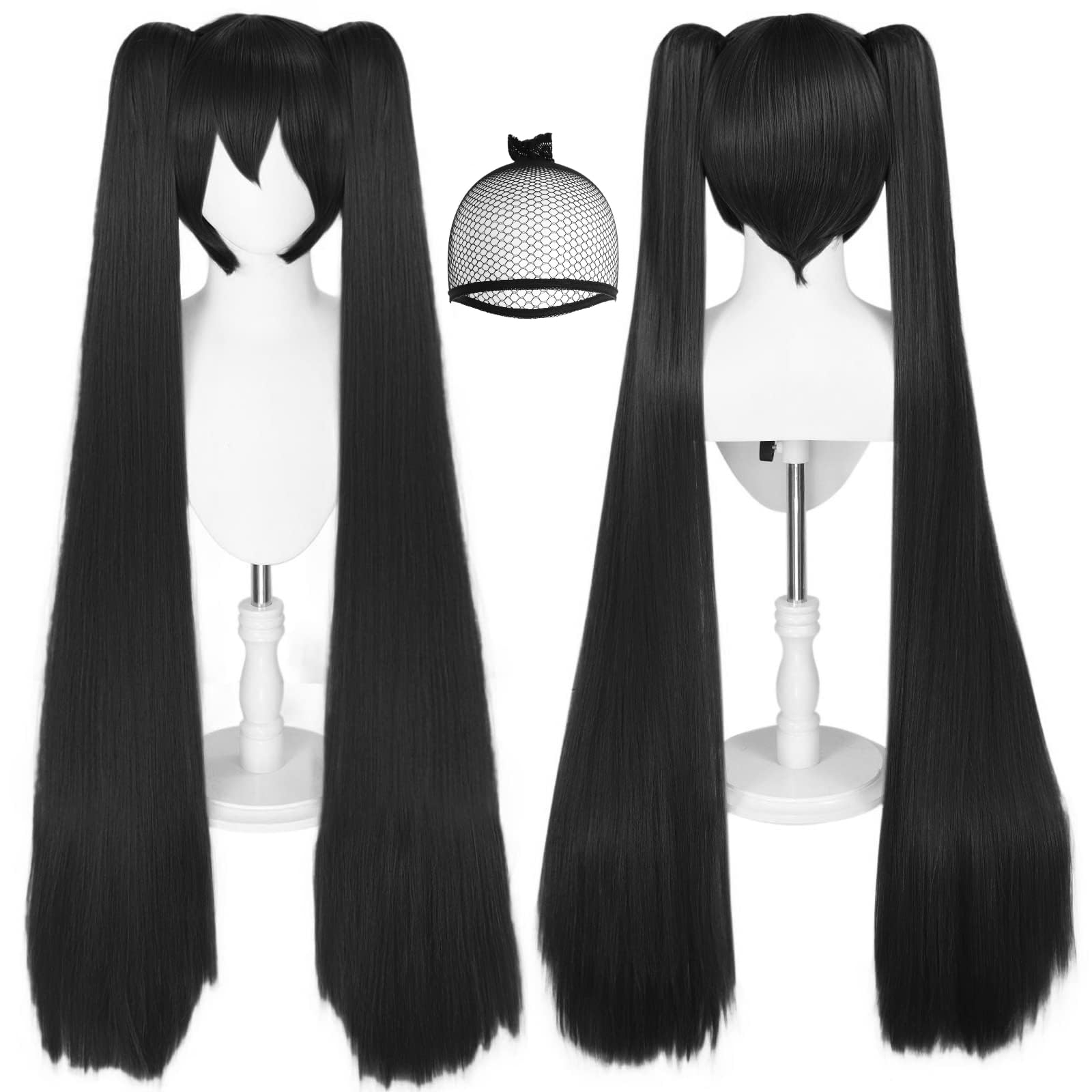 JoneTing48 inch/122 cm Long Black Ponytail Wig +(Hair Cap) for Women Long Straight Black Ponytail Wigs for Anime Black Pigtail Cosplay Wigs for Halloween Peluca Azul Chrismas Party Wig Costume