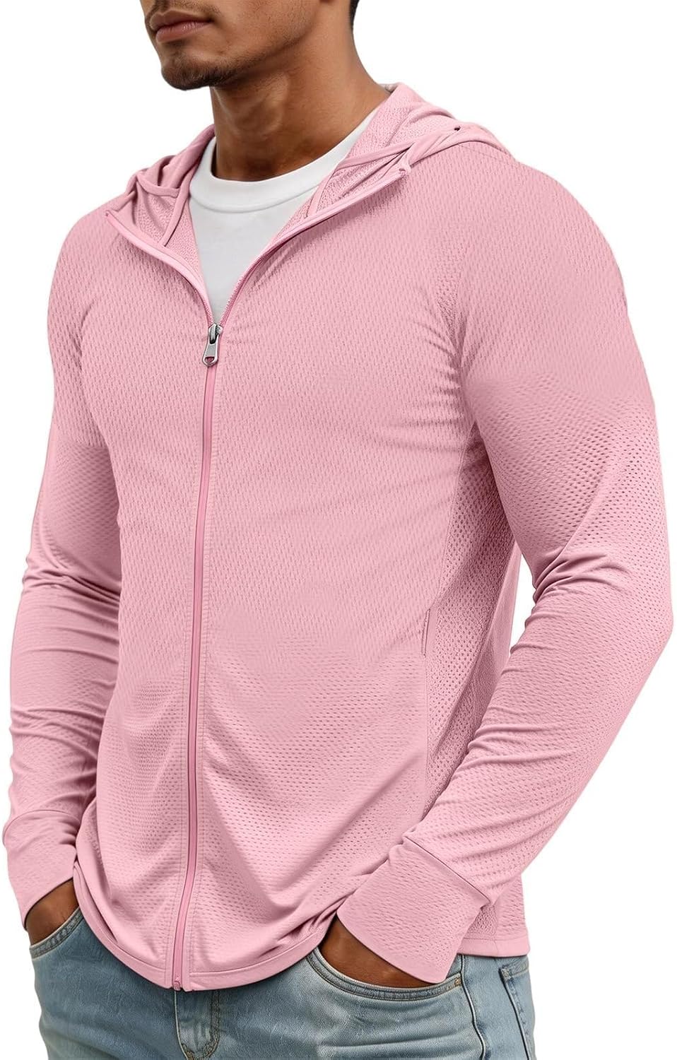 Men's UPF 50+ Sun Protection Jacket Lightweight Full Zip Sun Hoodie Long Sleeve Cooling Mesh UV Shirt for Fishing
