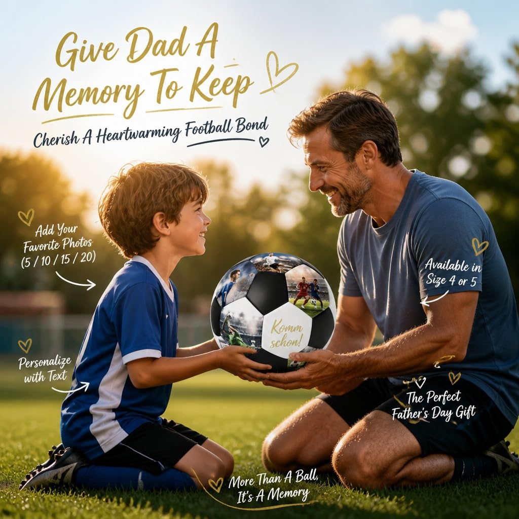 Personalisierte Fußball mit Foto & Namen & Text, Fußball Personalisiert mit 5/10/15/20 Bildern, Größe 4 oder 5, Personalisierte Fussball Geschenk für Fußballfans, Sohn, Jungen, Mädchen & Trainer