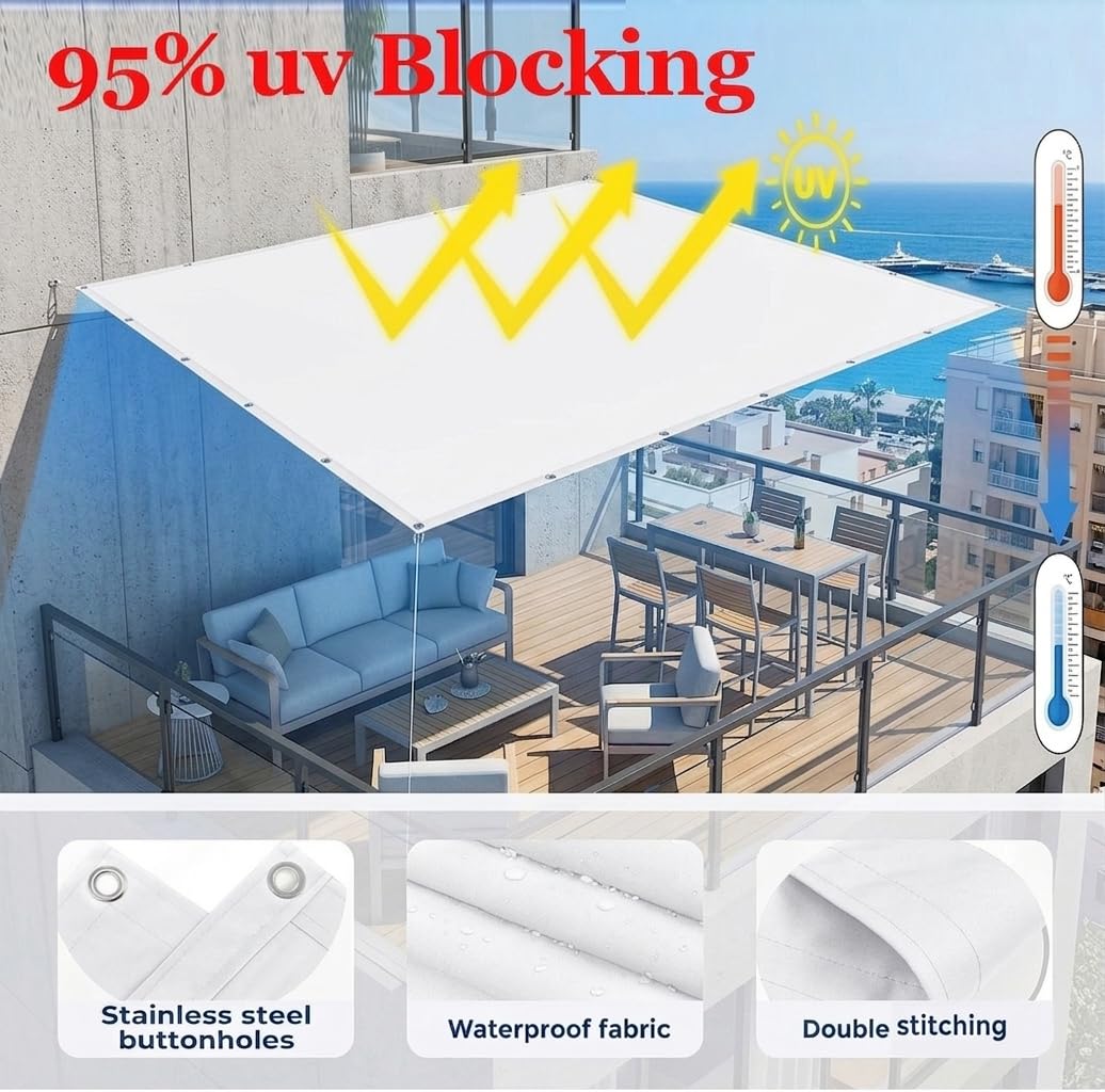 Telo Ombreggiante 3,5x4m Esterno Impermeable, Tenda a Vela Parasole Occhiellato, Tenda da Sole per Balcone, Giardino, Terrazze, Protezione Privacy e Antivento, Tessuto Robusto, Bianco