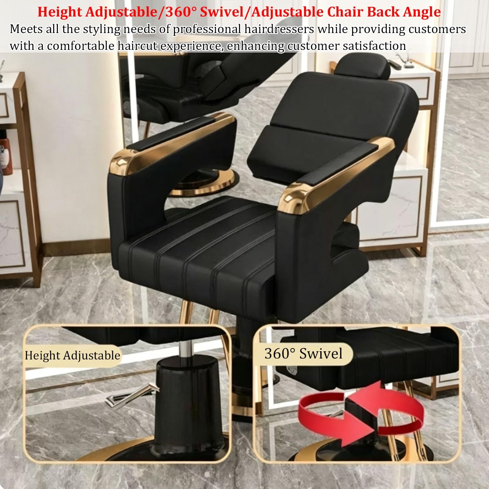 Sillón de barbería hidráulico, reclinable y Giratorio 360° con Estructura metálica, tapicería de Piel sintética (PU), Ideal para peluquerías o Estaciones de Lavado(Gray)