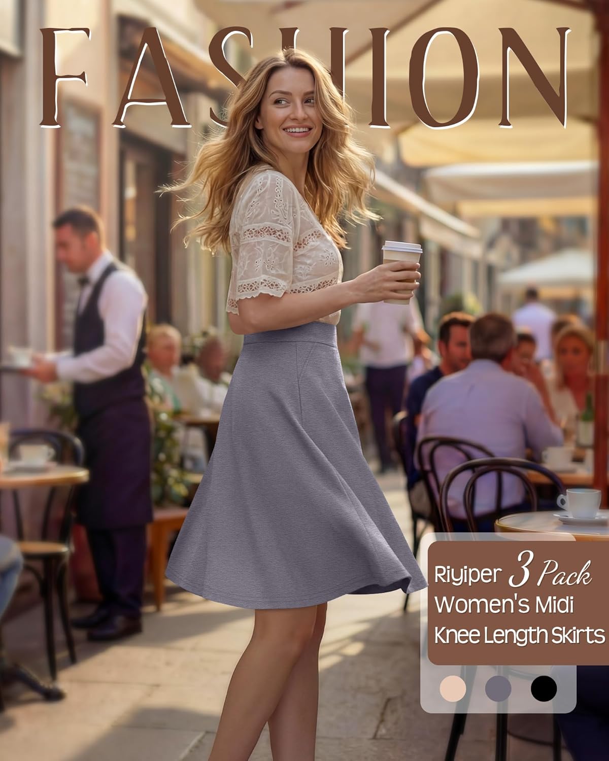 Riyiper 3 Pack Women's Midi Knee Length Skirts, Casual High Waist Flowy Flared a Line Summer Basic Pull-on Skirt with Pocket - Image 2