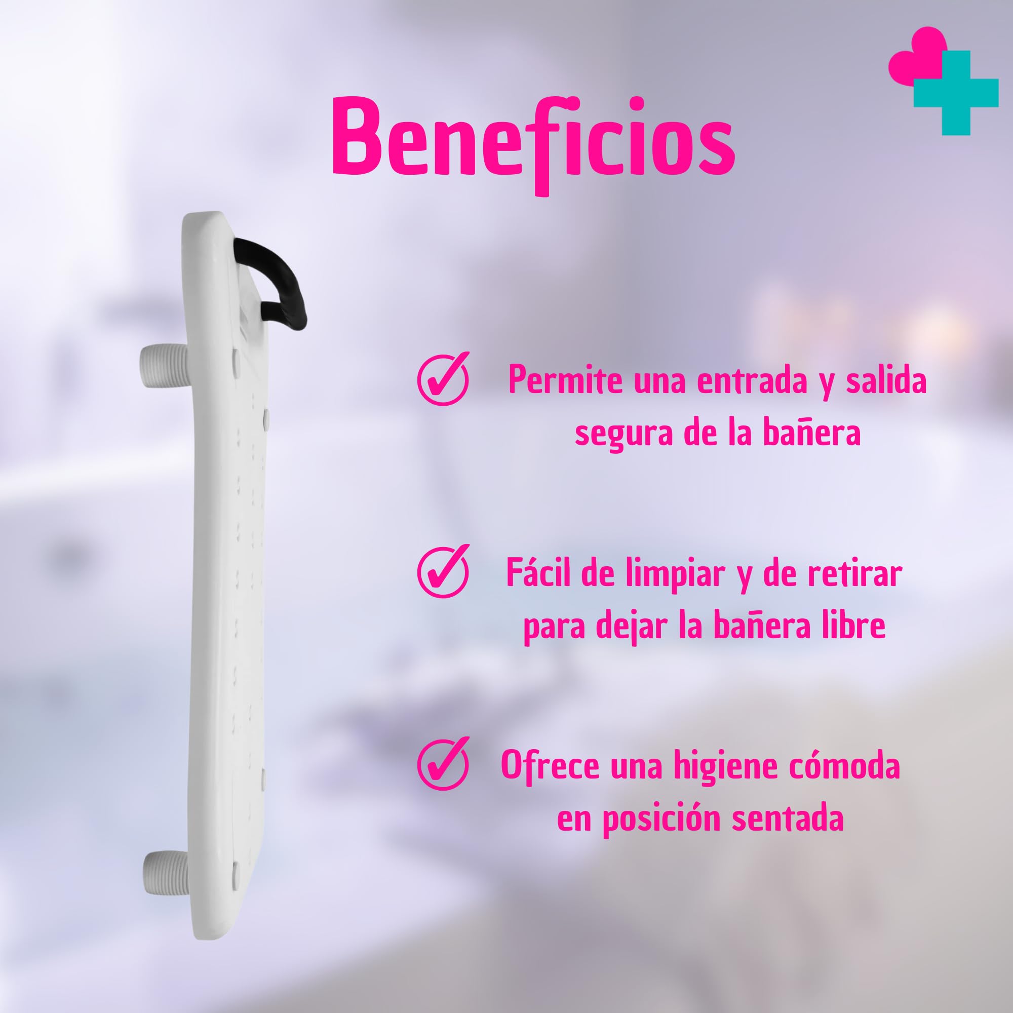 Asiento para Bañera Adultos Antideslizante con Asa | Tabla de Baño Ergonómica | Silla Baño Personas Mayores y Movilidad Reducida | Soporta 110 kg | Fácil Instalación