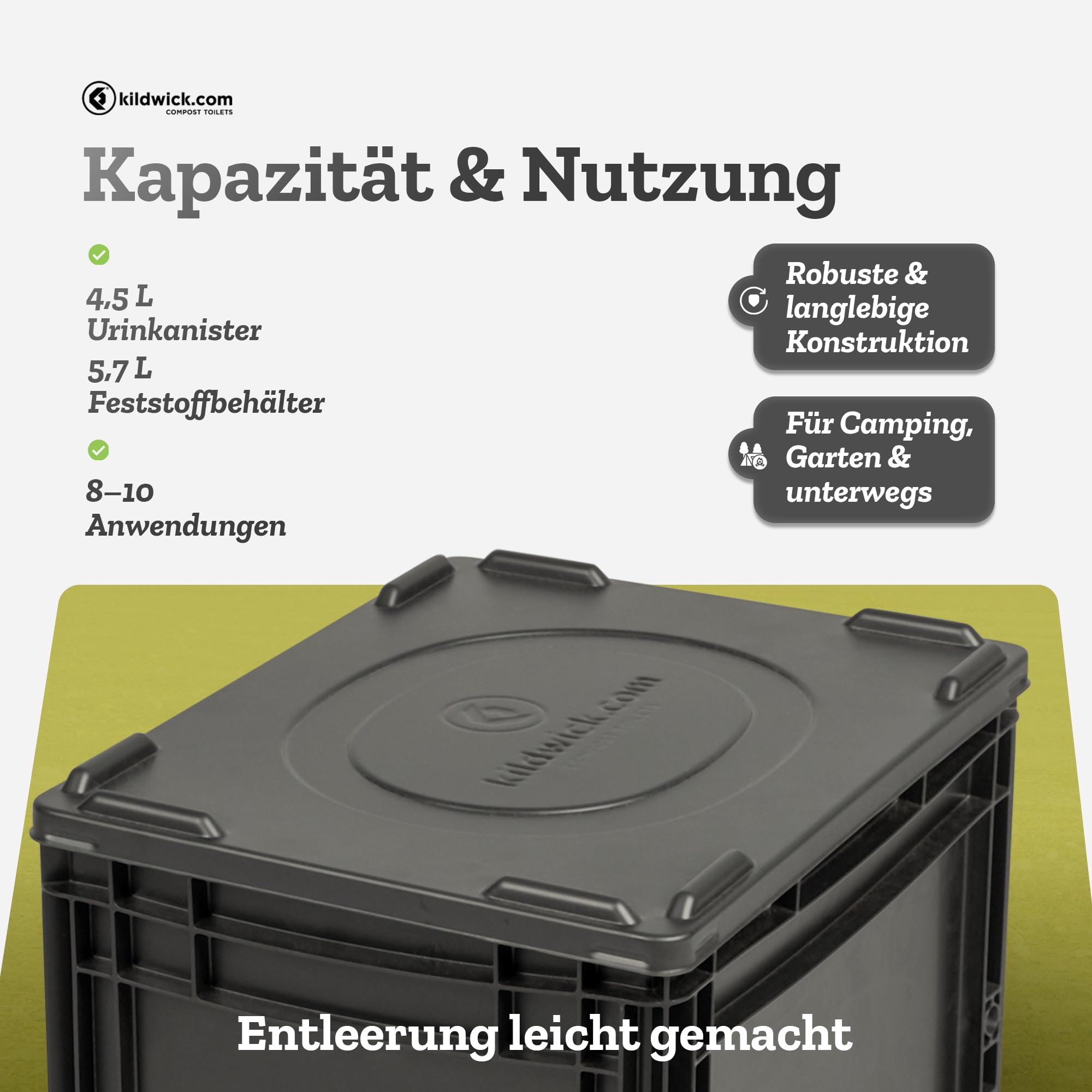 Kildwick BoxLoo – Campingtoilette, kompakt, mobil, chemiefrei, Trenntoilette im Eurobox-Format (40×30×29 cm) für Camping, Van, Outdoor, Garten oder Boot, autark inkl. Spillguard® Auslaufschutz