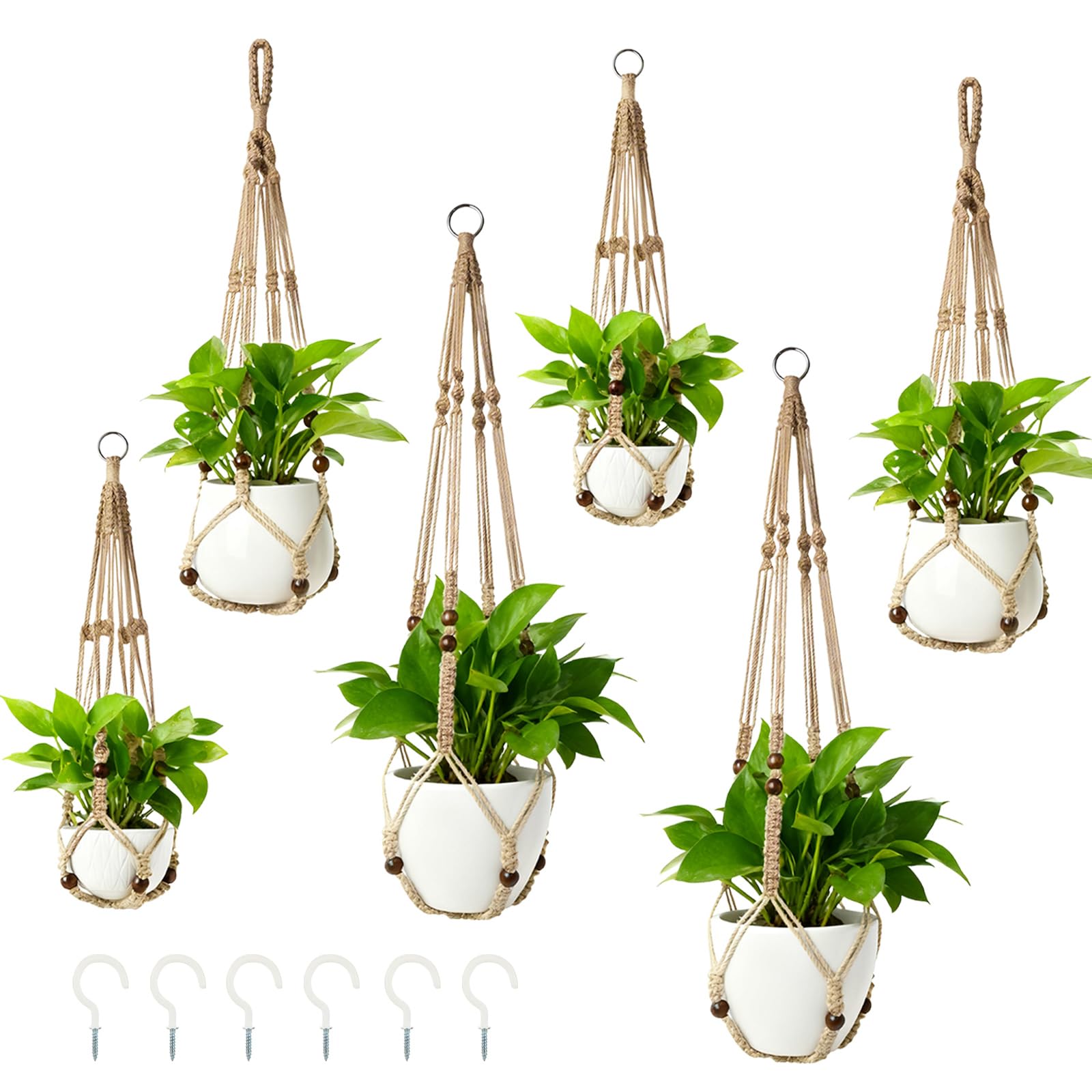 APACALI 6 Pack Macrame Plant Hanger, 58cm & 73cm & 88cm Hanging Plant Holder Indoor with Wood Beads for Home Garden Balcony Ceiling Decor, Brown