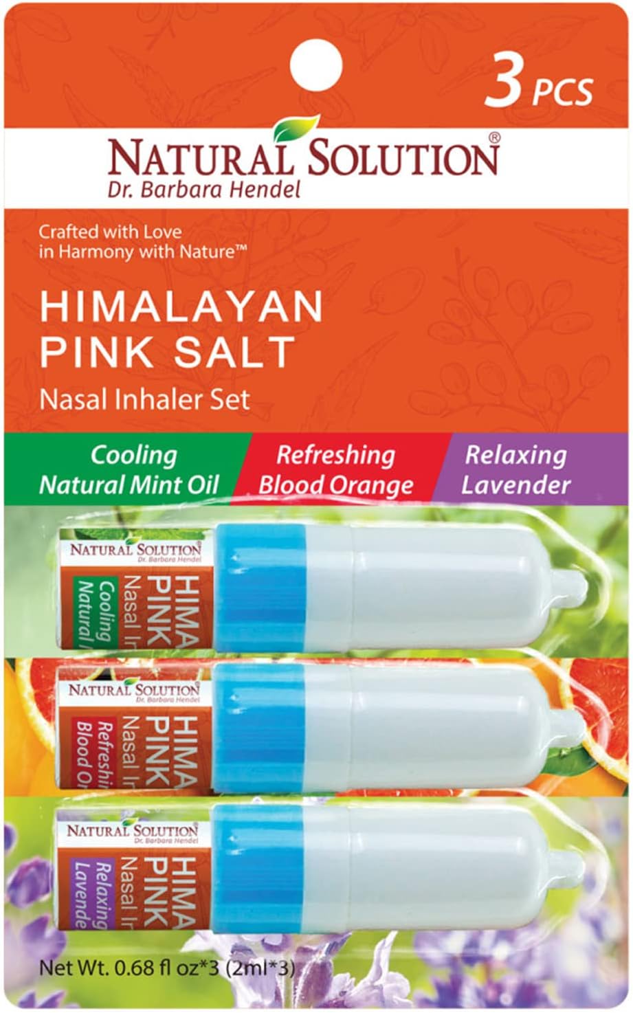 Natural Solution Nasal Inhaler, Aromatherapy with Pink Salt & 3 Different Scents, Nose Cleaner, Relaxing & Refreshing, Sinus Pressure Relief - 0.068oz | Pack of 3