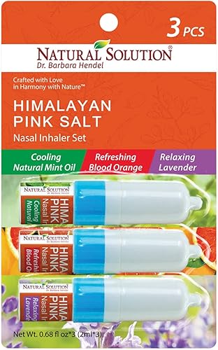 Natural Solution Inhalador nasal, aromaterapia con sal rosa y 3 aromas diferentes, limpiador de nariz, relajante y refrescante, alivio de la presión