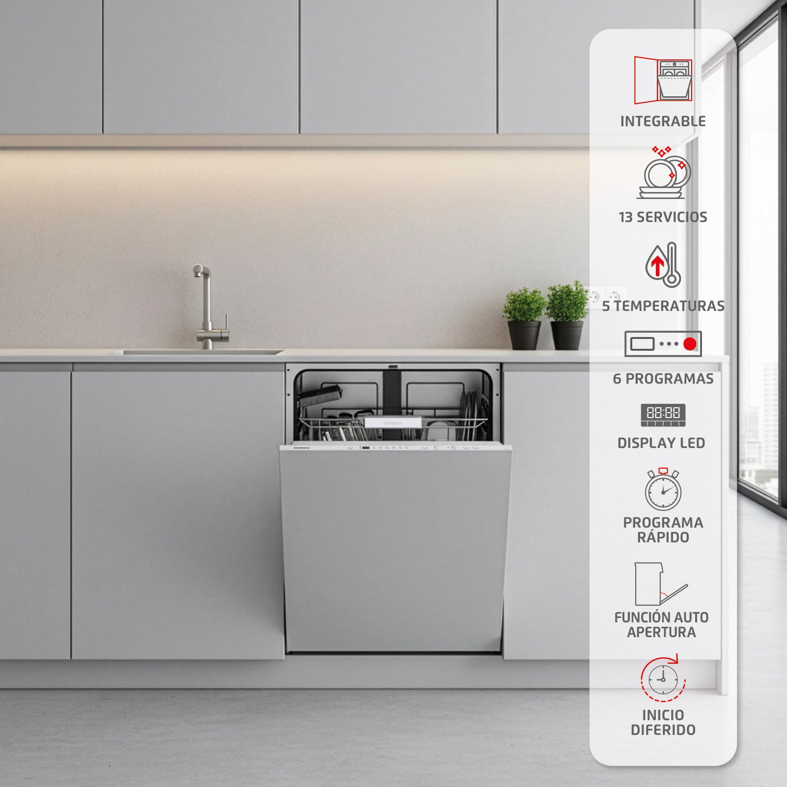 Corberó - Lavavajillas integrable 60 cm | CLVM8626I | 13 cubiertos | 6 programas | Tercera bandeja mini | Función ECO| Media Carga| Función 3 en 1 | Auto Apertura | Inox