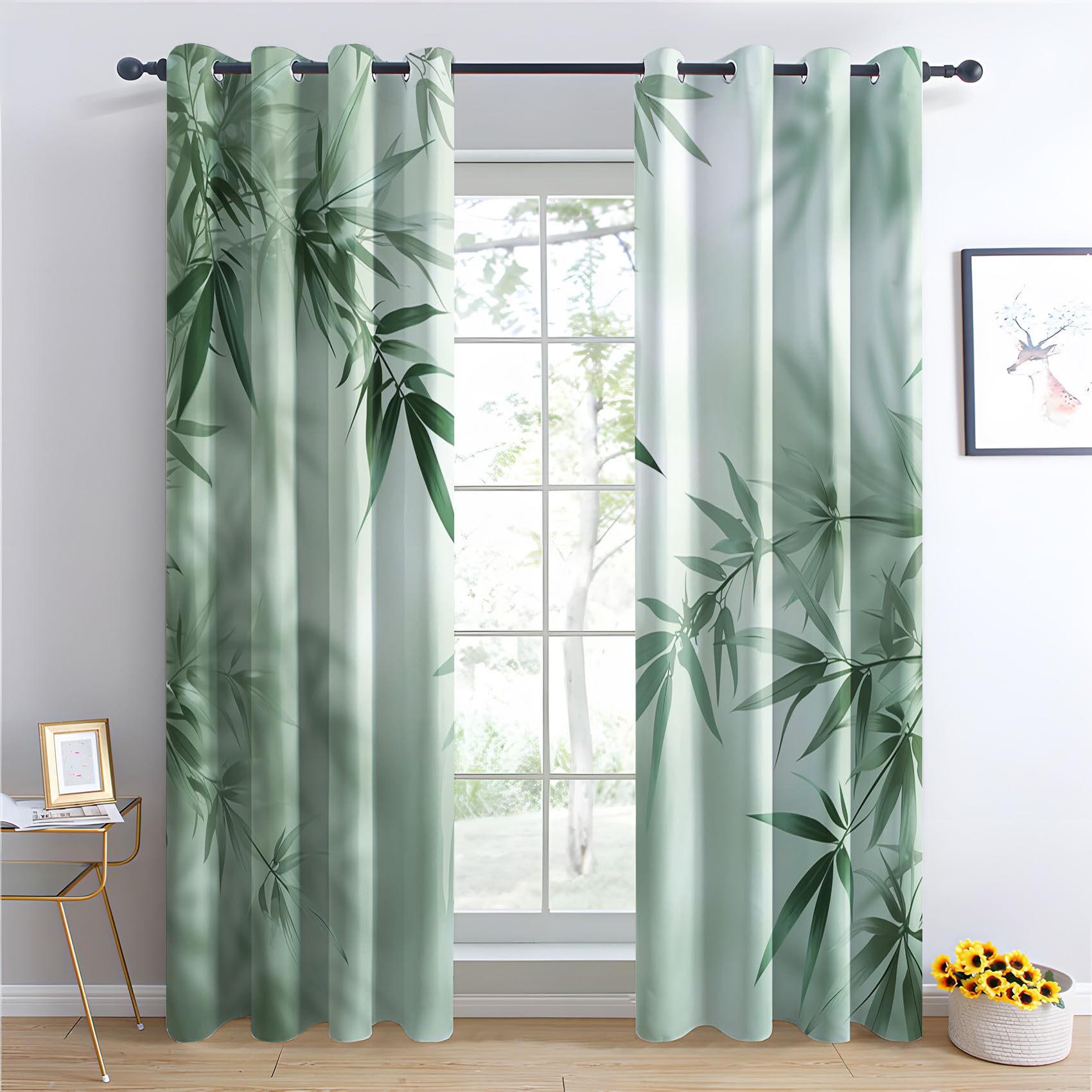 Rideau Occultant Feuille Verte, Botanique Motif Rideaux Thermiques à Oeillets, Rideaux Imprimé pour Salon Chambre Fenetre Moderne Décoration, 140x240 cm (L x H), Lot de 2