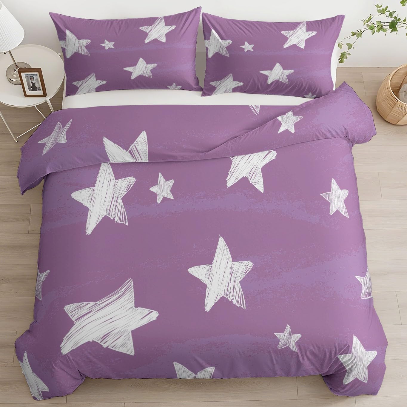 Housse de couette 140x200 pour chambre enfant lit fille et garcon motif étoiles violet