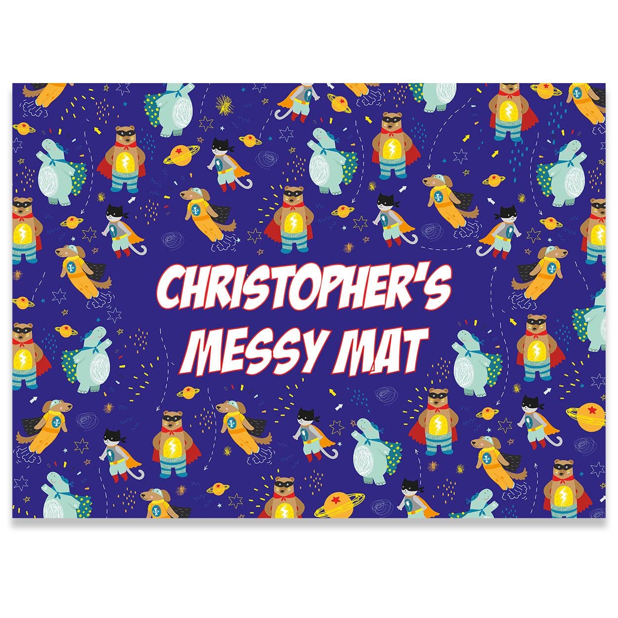 Paper Themes Personalised Messy Mat Plastic Table Cloth Wipe Clean Protect your table and floor from spills and accidents ((M) 75 x 55 cm, Superhero Animals)