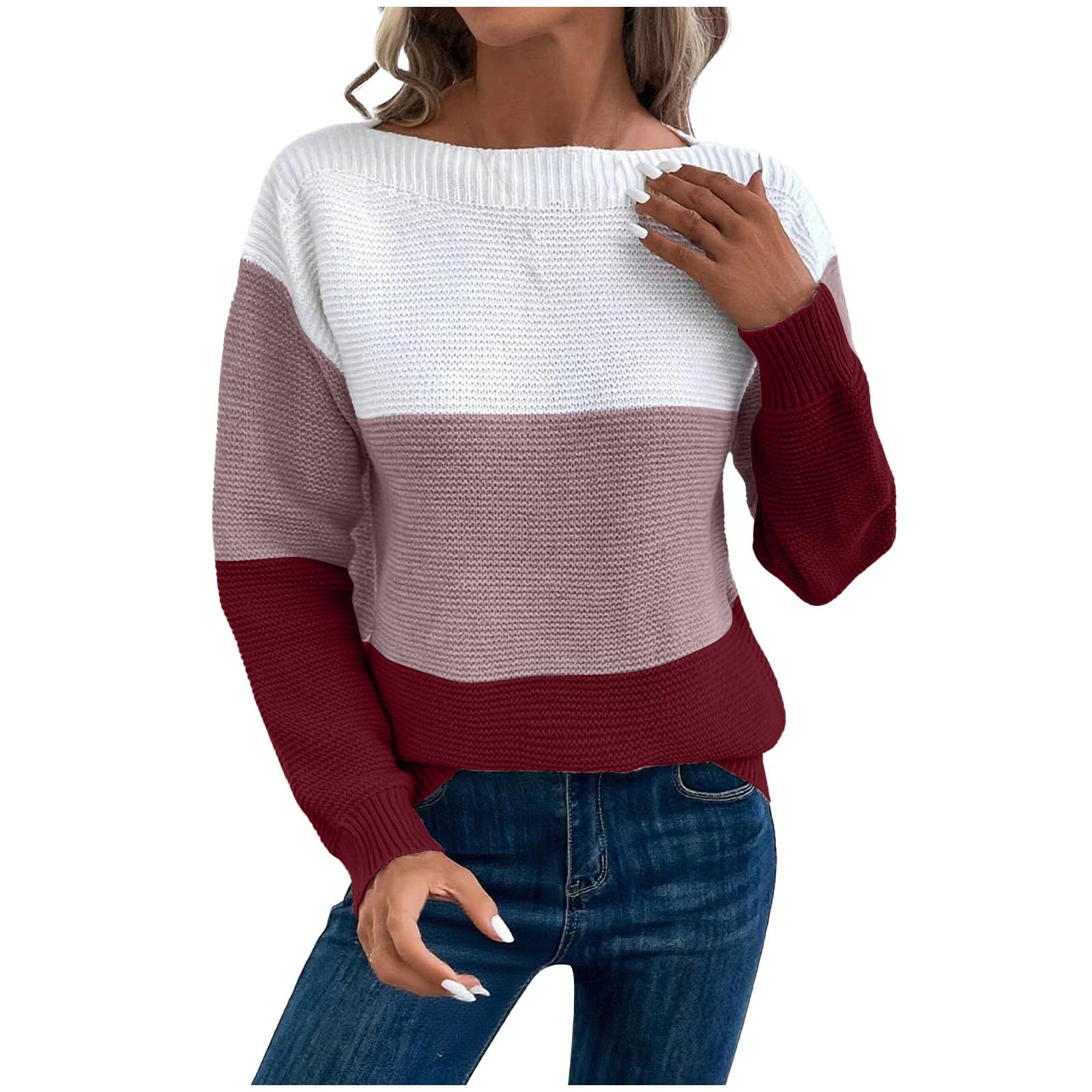 Long Sleeve Sweaters for Women 2025 Fall Winter Color Block Pullover Sweater Casual Loose Crewneck Jumper Tops