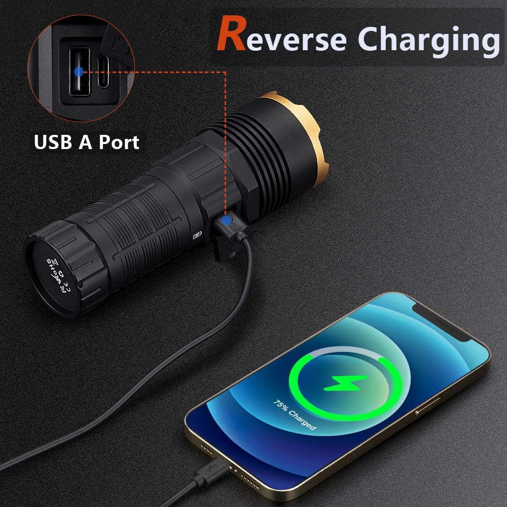 Alonefire X99 Linterna LED Recargable USB C 3500 Lúmenes Superbrillante Pantalla Digital 4 Modos Resistente al Agua con Carga Inversa con Batería para Acampada, Emergencias, Senderismo y Hogar