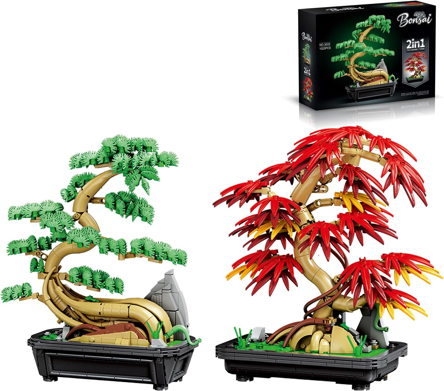 2-in-1 Bonsai Tree Building Set 1023 Pcs Red Maple & Pine Plant Model Kit for Adults Botanical Garden Collection Zen Home Decor & DIY Flower Construction Gift