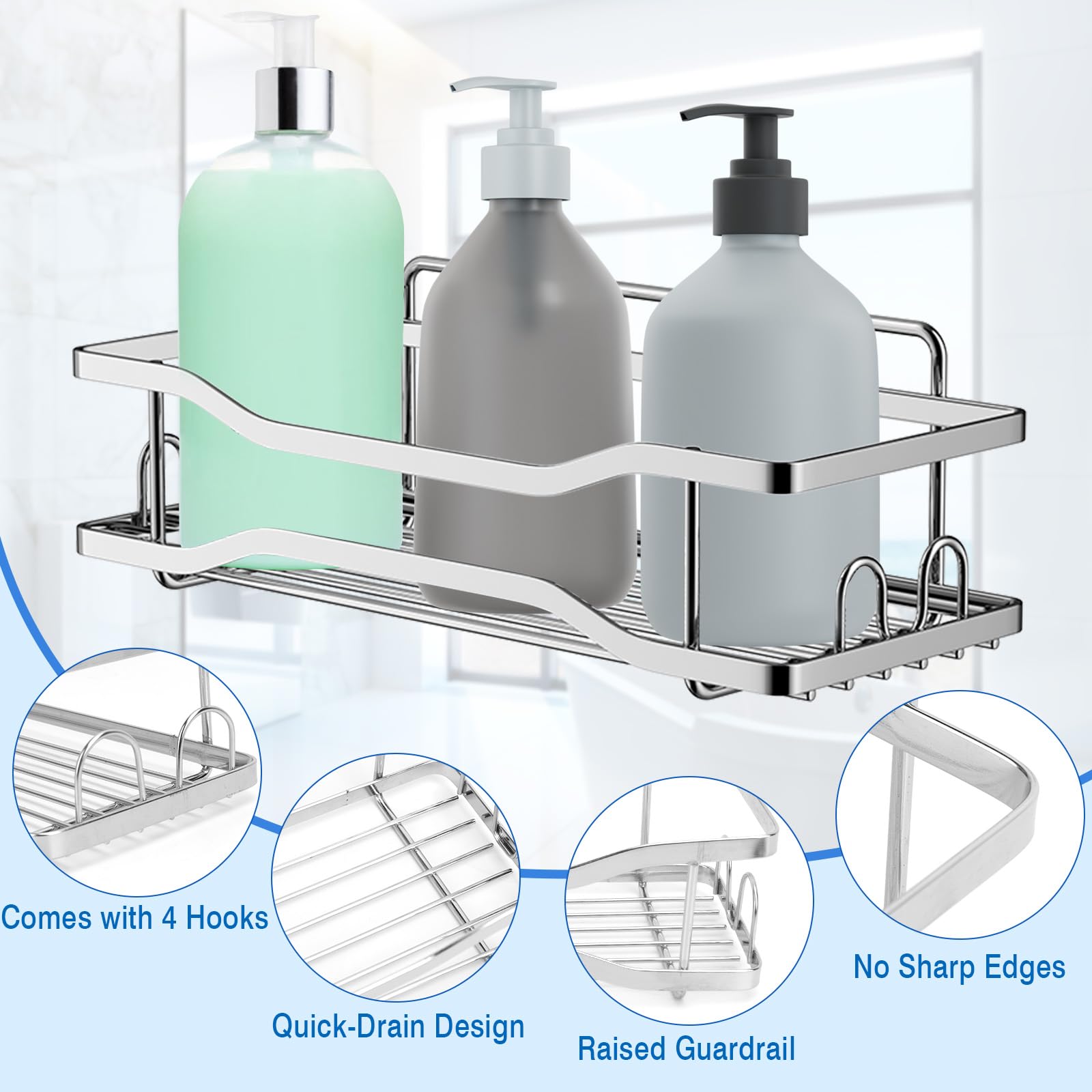 Mensola Per Doccia Senza Forare 2 Mensole Doccia Adesive In Acciaio Inox - Senza Foratura, Con Ganci Per Bagno E Cucina Mensole Bagno