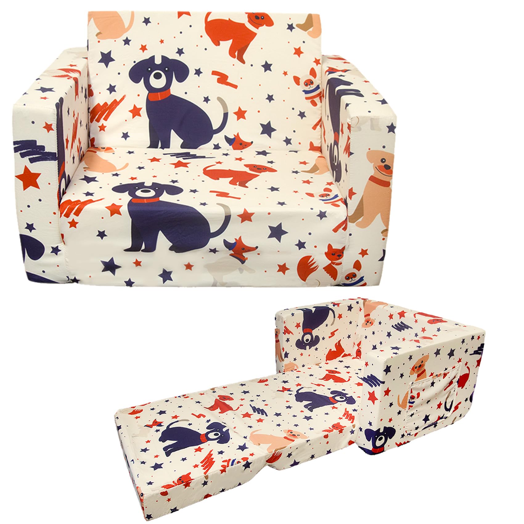 Toddler Couch Kids Sofa Children's 2 in 1 Convertible Sofa to Lounger - Extra Soft Flip Open Chair & Sleeper (Cute Puppy)