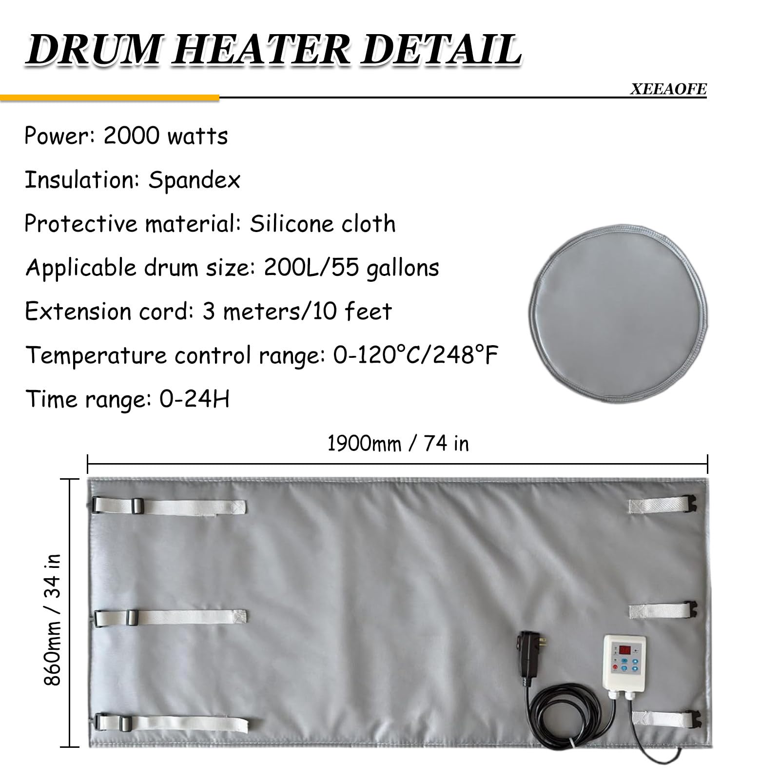 Manta Calefactora Aislada para Tanque de Propano 2000W & Calentador de Tambor/Cubeta para Barril de 55 Gal con Termostato Ajustable (0-250℉), Almohadilla Calefactora Metálica para Miel, Pintura Black