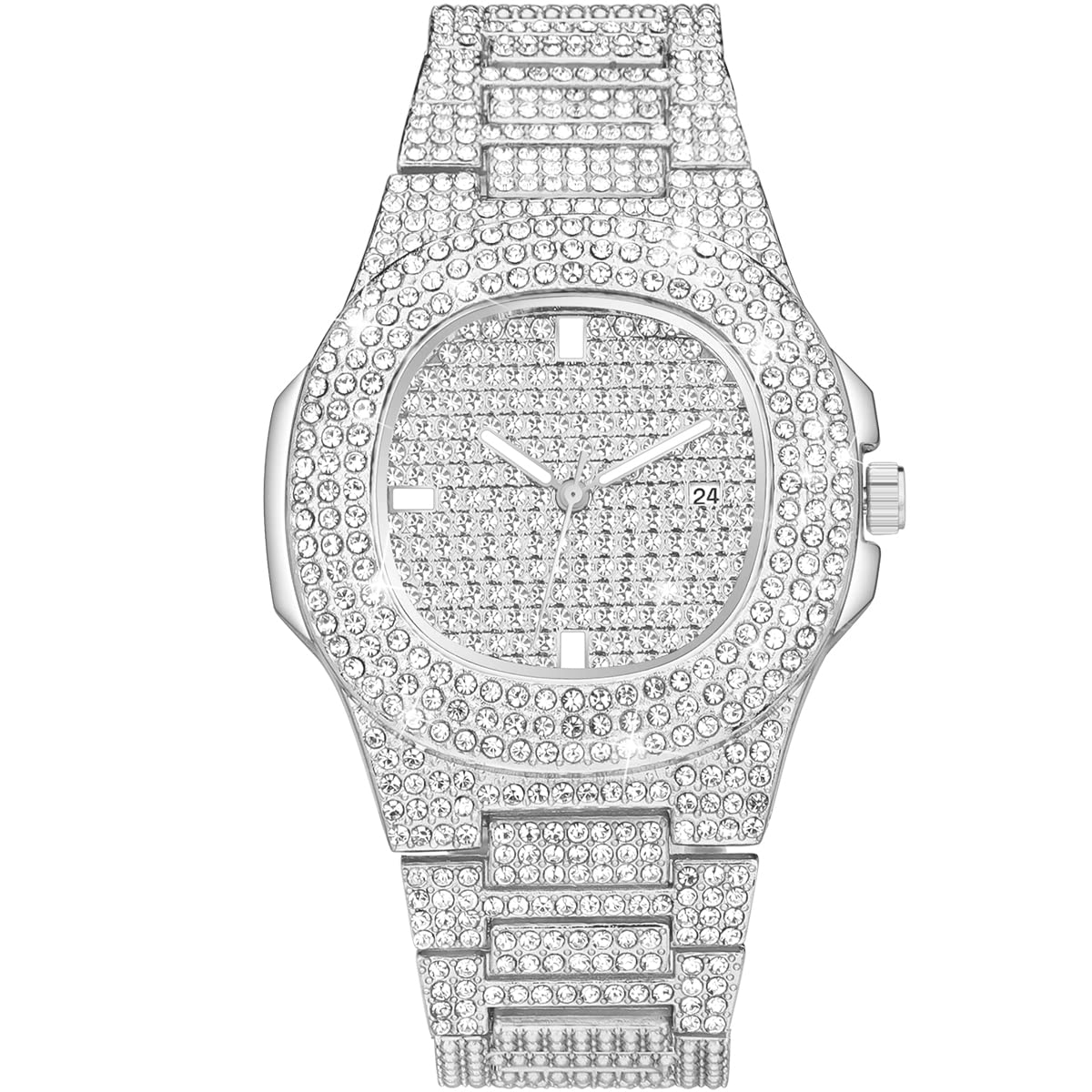 SIBOSUN Lady Women Wrist Watch Gold Stainless Steel Crystal Quartz Dress Bling Bracelet (71 Silver -Iced Out) (B08R8KP2YC) Amazon Price History, Amazon Price Tracker